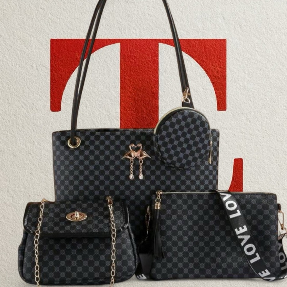 4pc CORSICA Checkered Tote and Crossbody Set